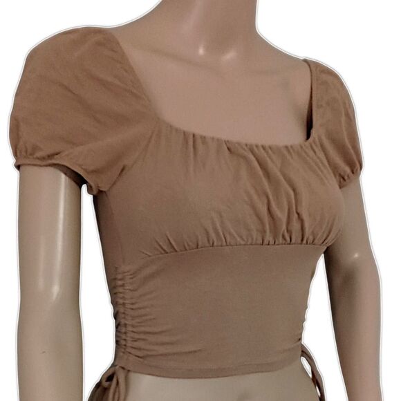 Y2K Hollister Milkmaid Top XXS Babydoll Cropped Ruched Coquette Puff Sleeves Tan - Picture 3 of 16